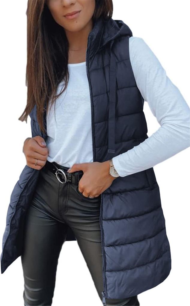 ASKSA Damen Steppweste Lang aermellose mit Kapuze Weste Warm Leichte Winterjacke Casual Steppmantel Einfarbige Winter Sportwesten (Dunkelblau,M)