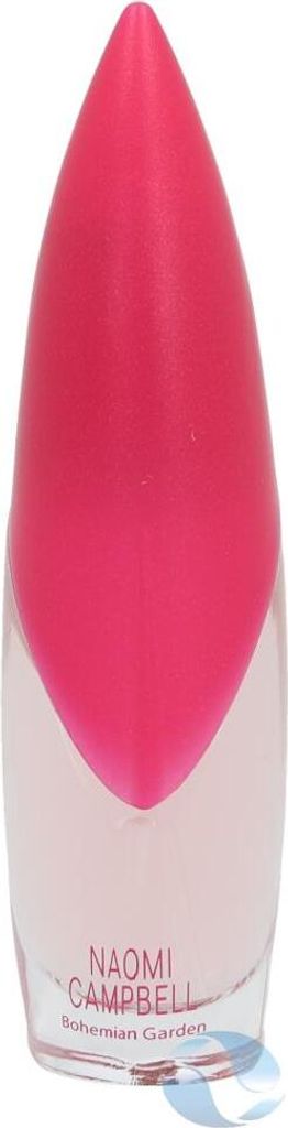 A perfume bottle with a pink cap.