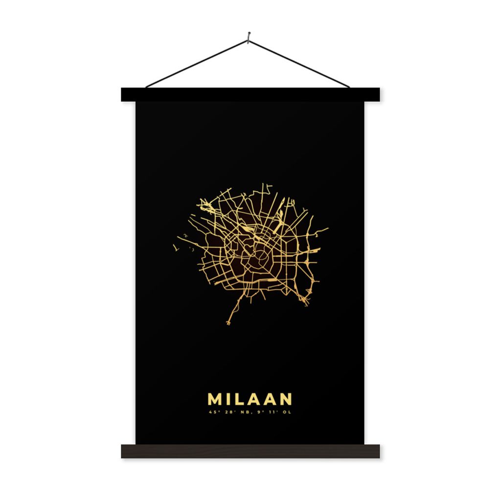 MuchoWow Textilposter Mailand - Karte - Gold - Schwarz 40x60 cm mit schwarzem Rahmen - Wanddekorationen