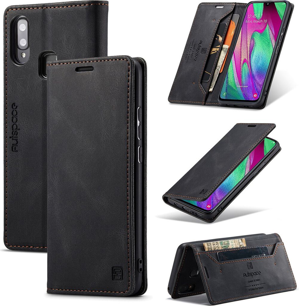 Galaxy A40 Brieftasche Hülle, Retro Kunstledertasche Stand Schutzhülle für Samsung Galaxy A40 Schwarz