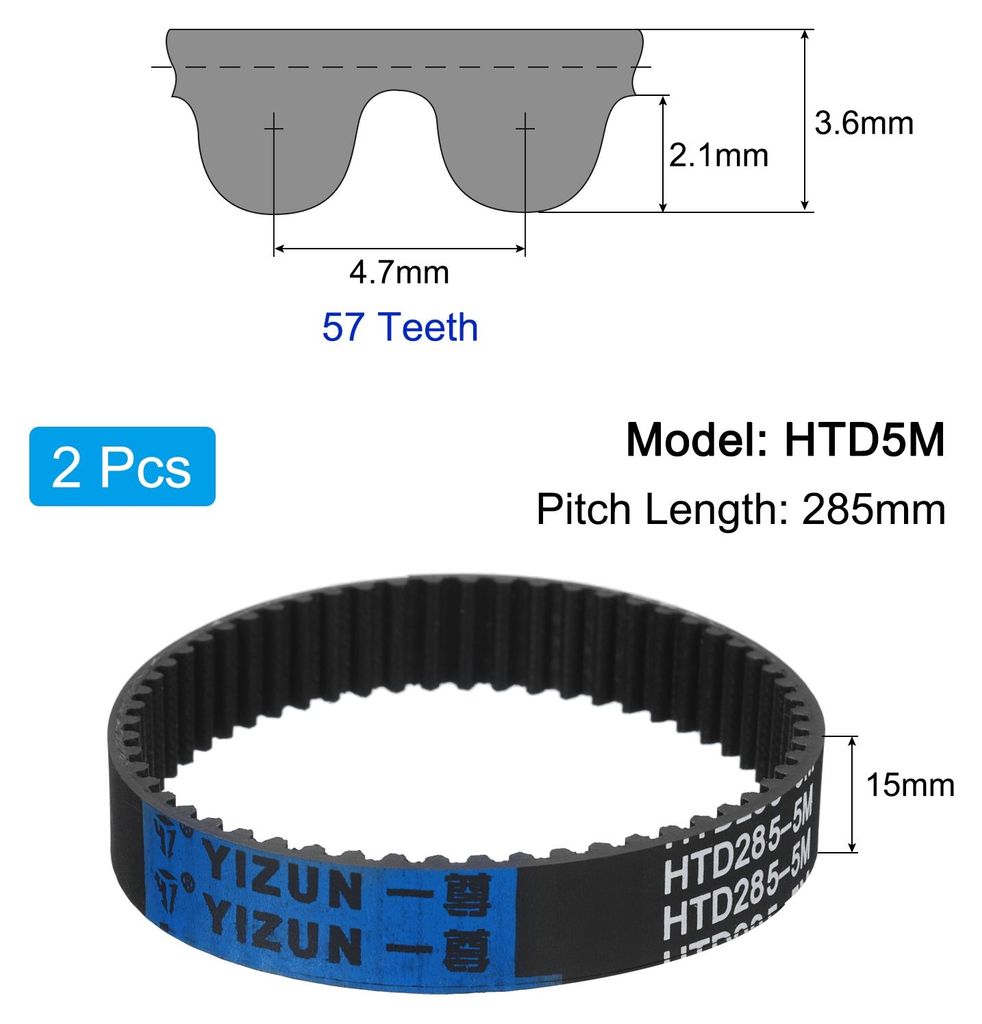 2 Stš¹ck HTD-5M Gummi Zahnriemen 57 Z?hne, 285mm Steigungsl?nge x 15mm Breite x 3,6mm H?he, Gummizahnriemen Keilriemen Antriebsriemen geschlossen...