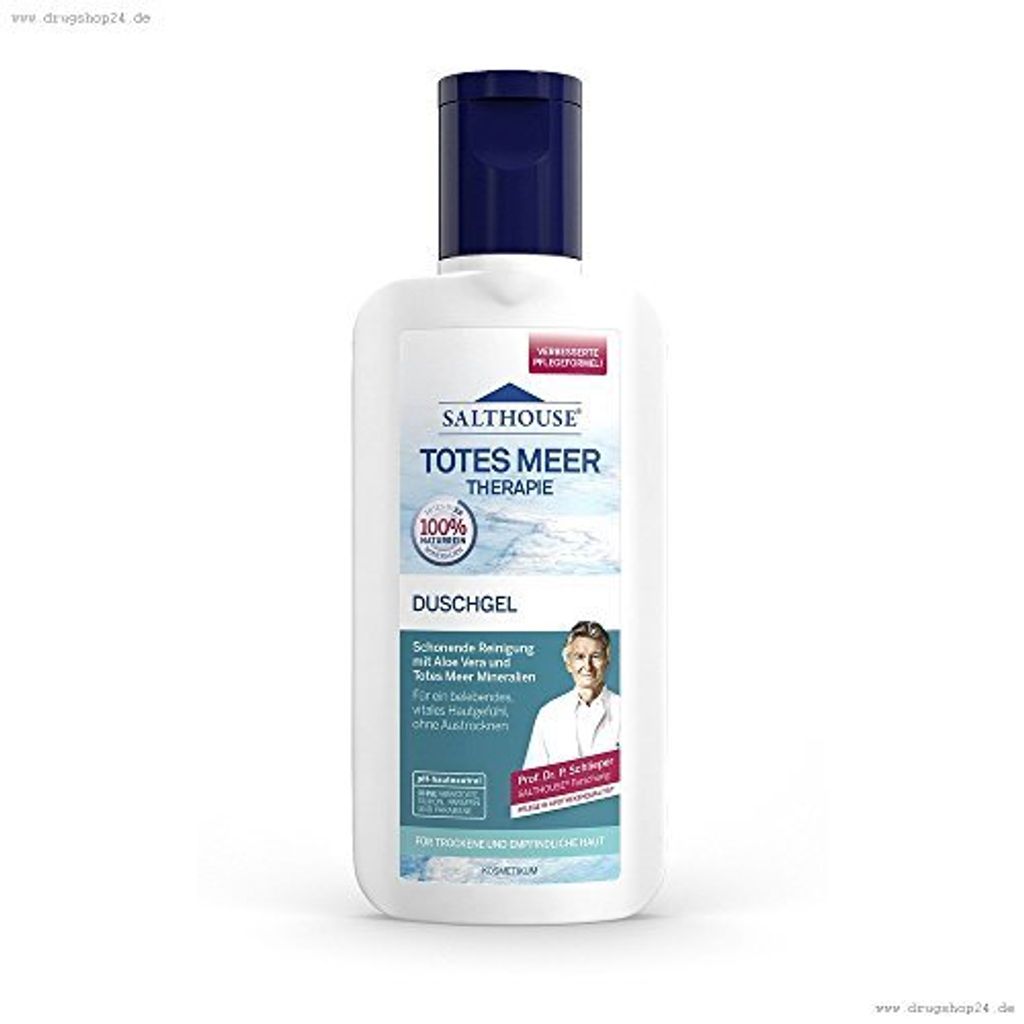 A bottle of Salthouse Totes Meer Therapie shower gel on a white background.