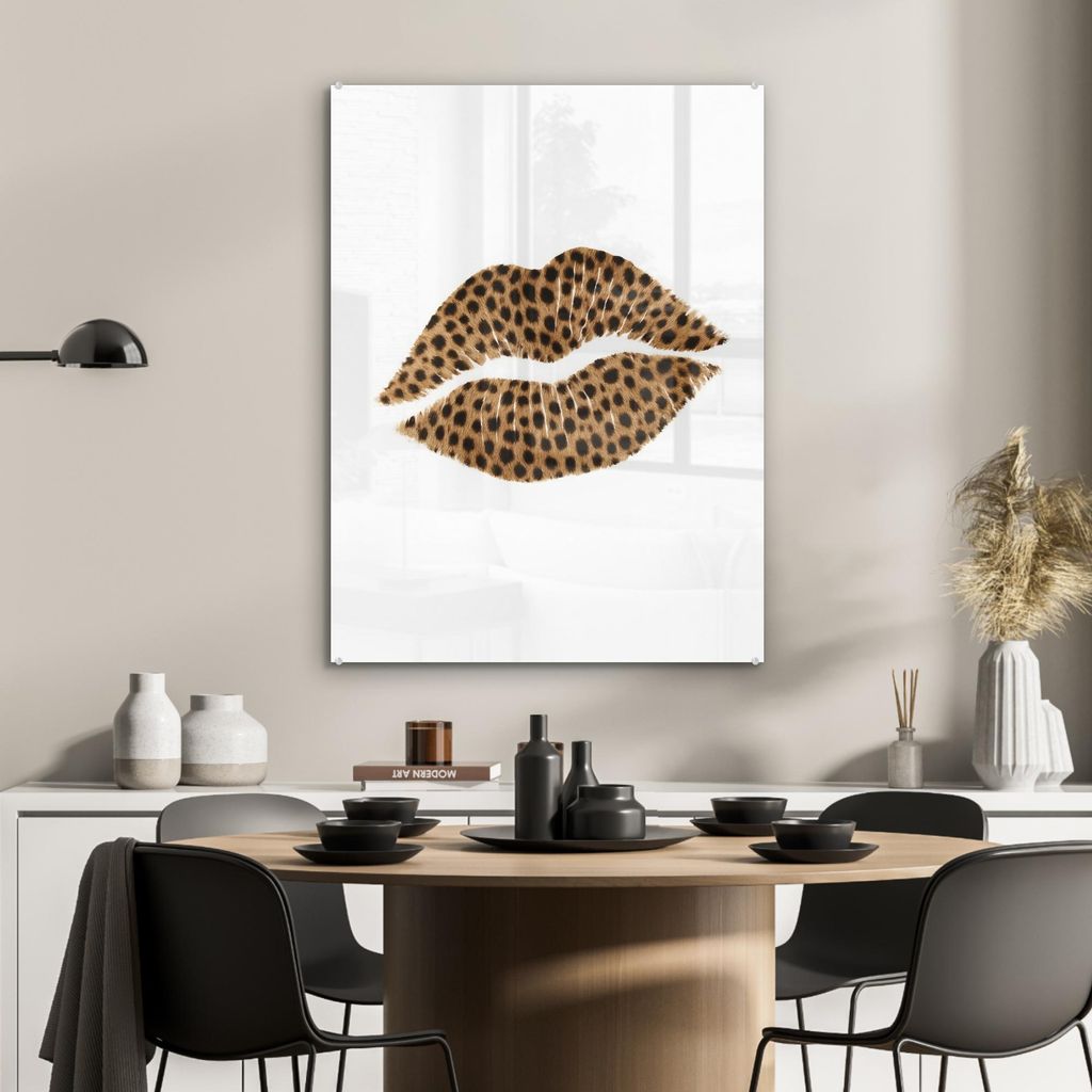 MuchoWow Glasbilder - Bilder auf Wandbild - Foto auf Glas Lippe - Pantherdruck - Minimalistisch - Weiß 60x80 cm Wanddekoration aus Glas - Acrylgla...