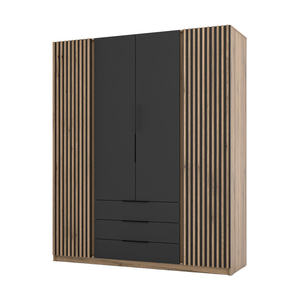 Kombinierter Kleiderschrank 200 VERU – Schwarz / Eichenholzoptik / Schwarz