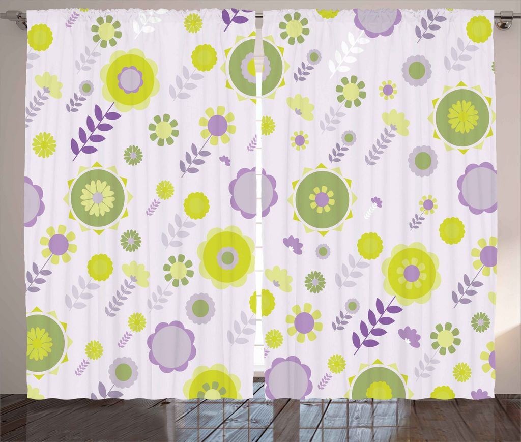 ABAKUHAUS Blumen Rustikaler Vorhang, Funky Blumen-Muster, Wohnzimmer Universalband Gardinen mit Schlaufen und Haken, 280 x 175 cm, Olivengrün
