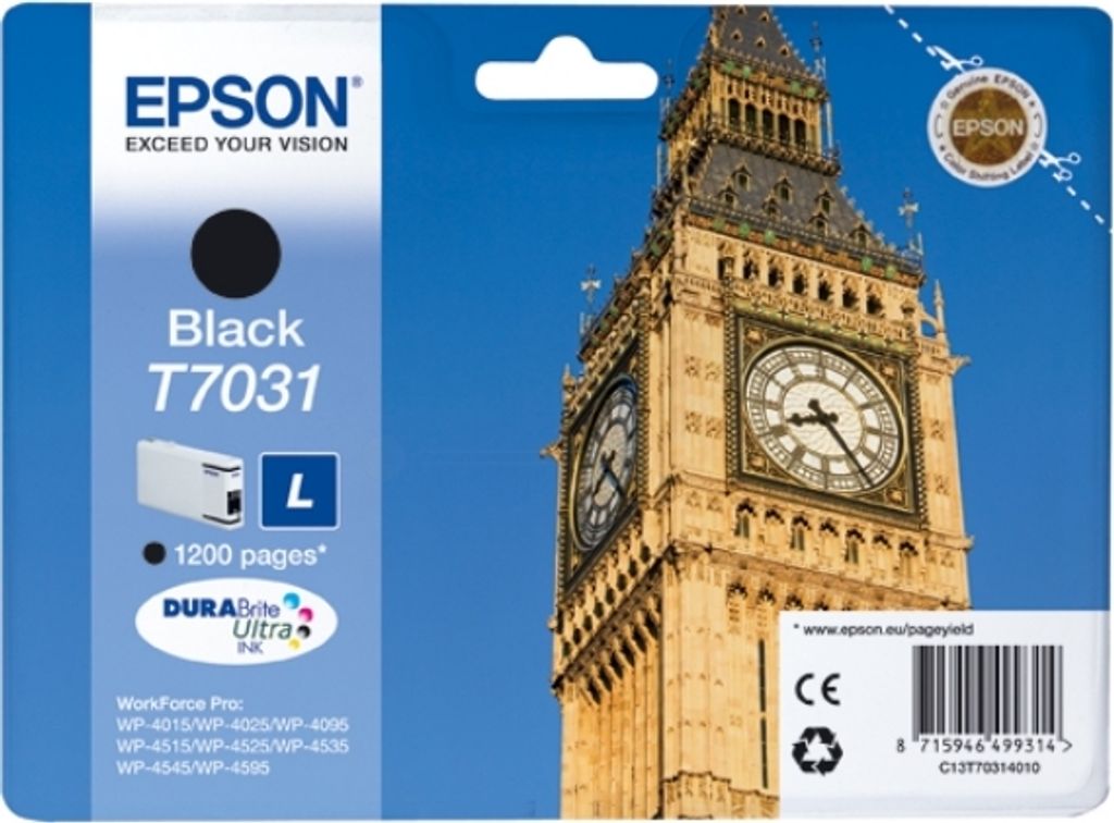 The image shows the packaging of an Epson T7031 black ink cartridge, with a prominent image of Big Ben in the background.