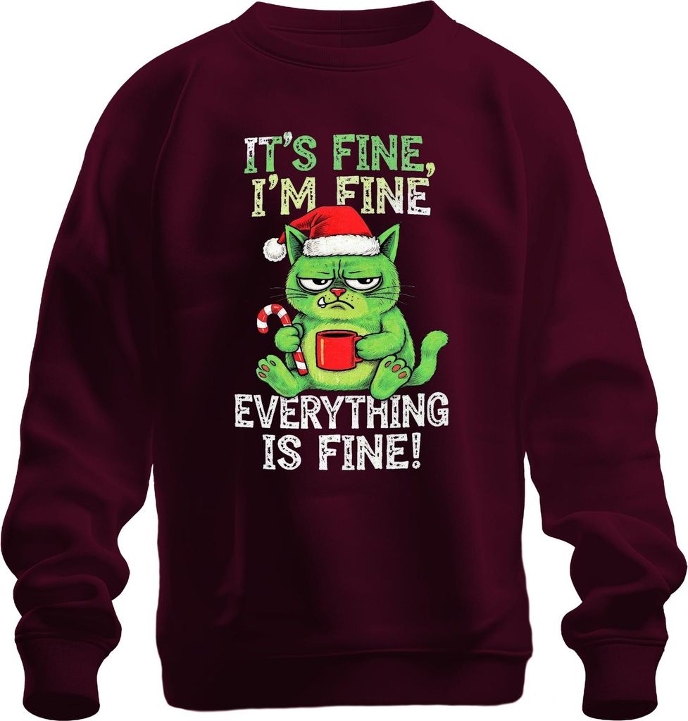 It's fine I'm fine everything is fine grumpy cat lustig weihnachten Uni Sweatshirt Pullover, Burgundy, XXL