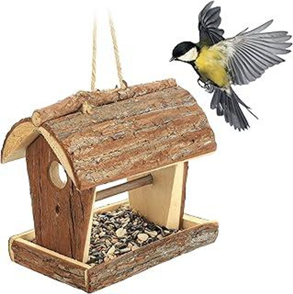 Vogelfutterhaus, Holz, Futterhaus zum Aufhängen, HBT: 18 x 13,5 x 19,5 cm, Futterstelle für Wildvögel, Natur