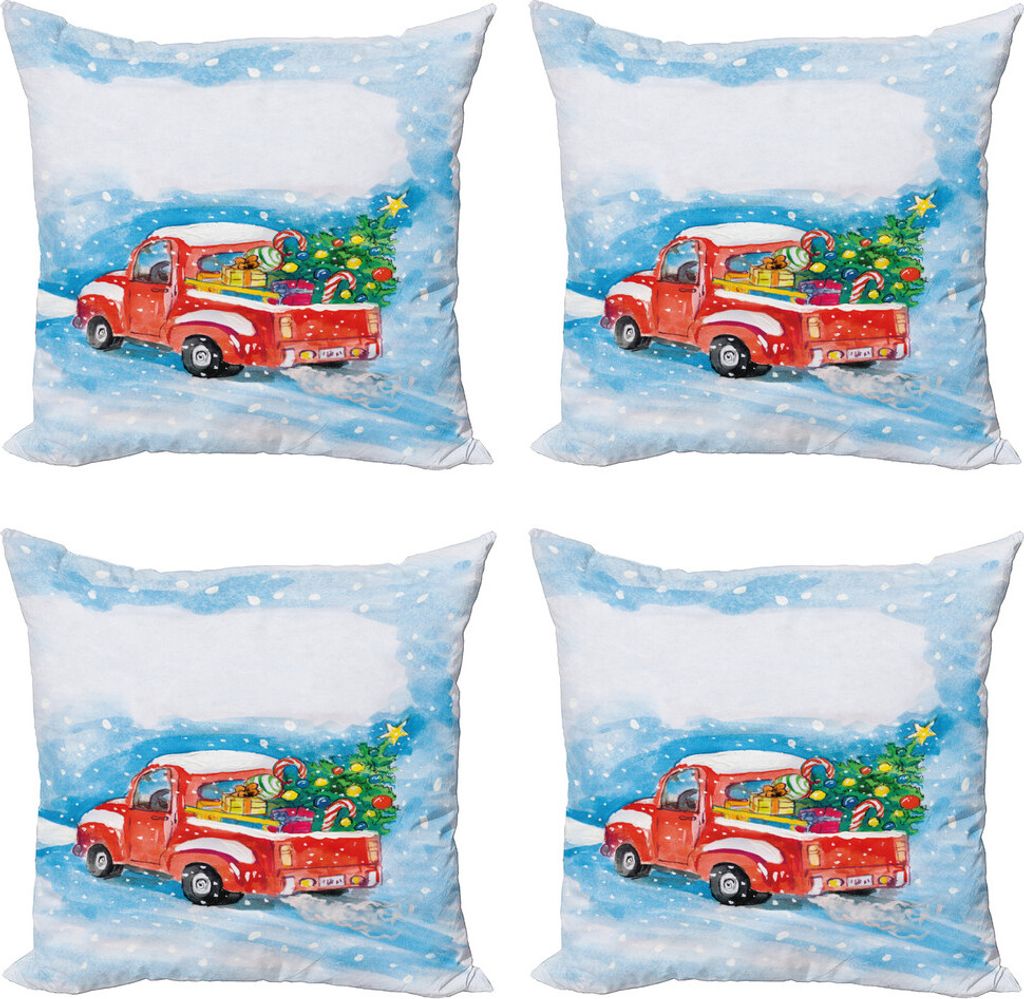 ABAKUHAUS Weihnachten Kissenbezug Set (4 Stück), LKW Winterlandschaft, Moderner Doppelseitiger Digitaldruck, 60 cm x 60 cm, Blau, Weiß, Rot