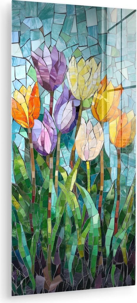 MuchoWow Glasbilder - Bilder auf Wandbild - Foto auf Glas Mosaik - Feld - Tulpen - Farbenfroh 60x120 cm Wanddekoration aus Glas - Acrylglasbild - A...
