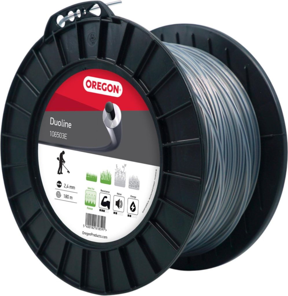A spool of trimmer line on a black plastic reel, with product information and branding on the label.