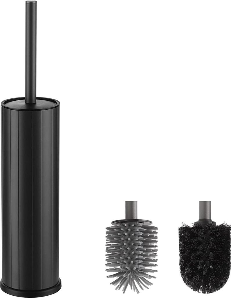 Schwarze Silikon-Toilettenbürste mit Halter - Inklusive 2 Austauschbare Bürstenköpfe - Geeignet für das Badezimmer