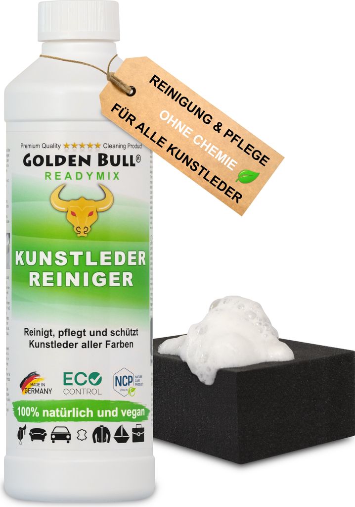 Golden Bull Kunstleder Reiniger & Kunstleder Pflege 500ml + Schwamm - Natürlicher Kunstlederreiniger für Auto, Sofa & Couch Reinigung