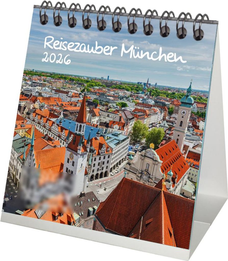 Reisezauber München Tischkalender 10cm x 10cm für 2026 Bayern Deutschland - Set-Inhalt: 1x Kalender 1x Weihnachtsanhänger 1x Grußanhänger (ges...