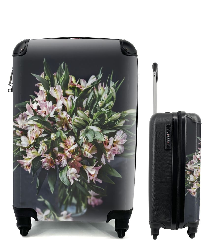 MuchoWow Koffer Handgepäck Trolley Rollkoffer Kleine Reisekoffer mit 4 Rollen - Blumen - Vase - Schwarz - Cabin Size < 55x40x23 cm & 55x40x20 cm...