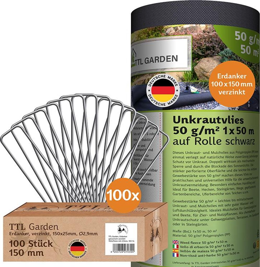 TTL GARDEN Unkrautvlies 50m² 1x50m Rolle +100 Erdanker Produktbild 