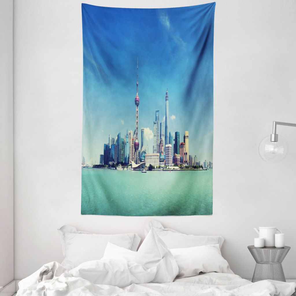 ABAKUHAUS Modern Wandteppich und Tagesdecke, Shanghai-Landschaft aus Weiches Mikrofaser Stoff Waschbar ohne Verblassen Digitaldruck, 140 x 230 cm, ...