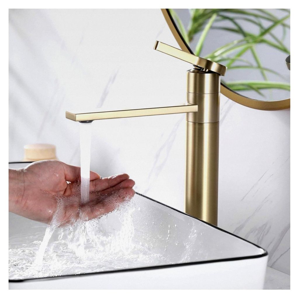 Waschtischarmatur in Gold, Hochwasserhahn mit 360° schwenkbarem Auslauf, Armatur für Bad Waschbecken, Mischbatterie für Aufsatzwaschbecken, geb...