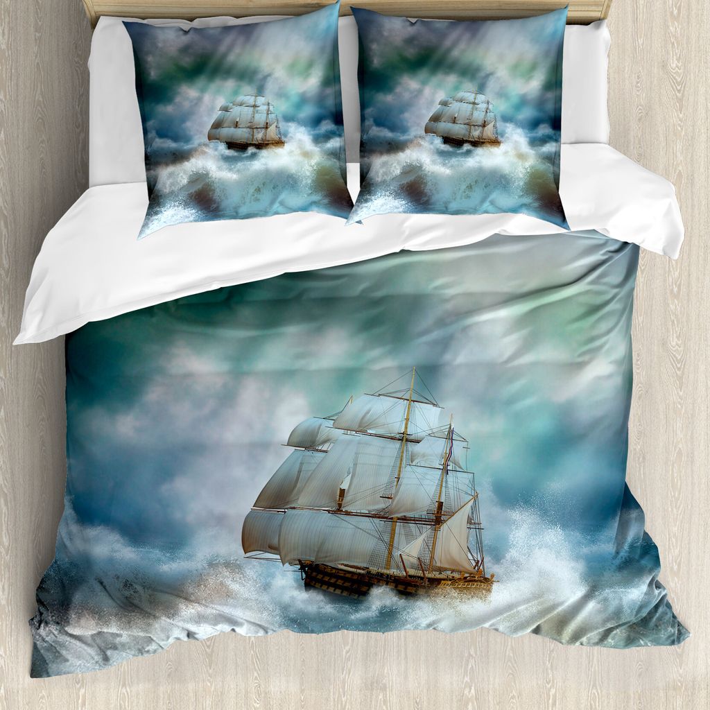 ABAKUHAUS Ozean Bettbezug, Piraten-Schiff auf gewelltes Meer, Milbensicher Allergiker geeignet mit Kissenbezügen, 155 cm x 220 cm - 80 x 80 cm, Bl...