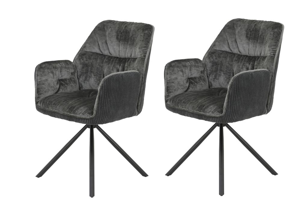Two gray swivel chairs with armrests are shown against a white background.