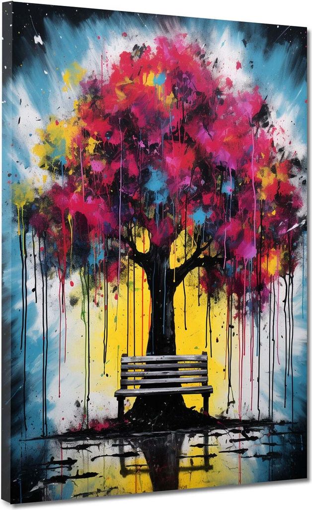 Bildertrends24 Modern Baum mit pinken Blättern Leinwandbild Wandbild Kunstdruck XL: 105x140x4cm