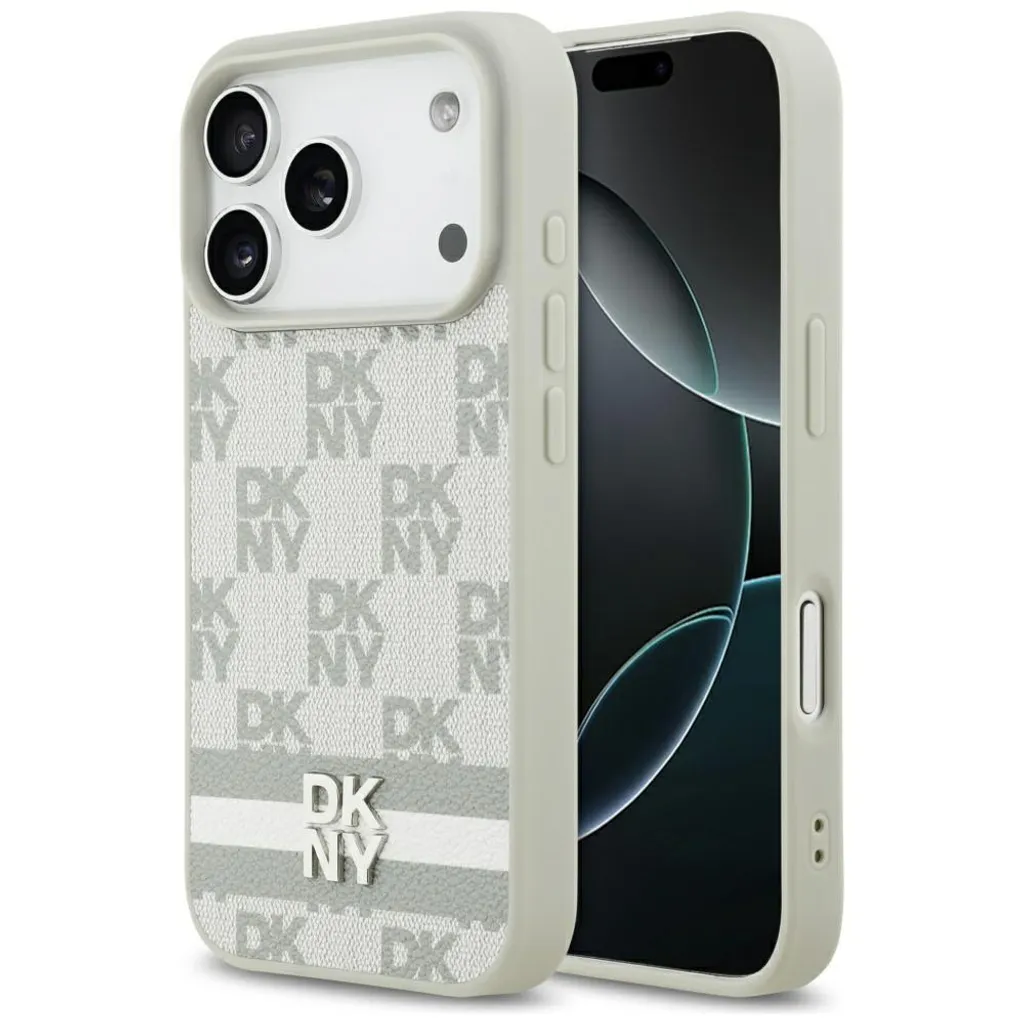 Coque iPhone 17 Pro DKNY beige similicuir finition logo métal argent