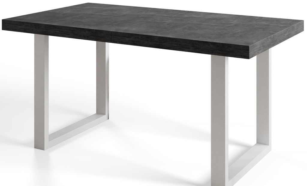 Esstisch Ausziehbar Loft-U, Moderner Wohnzimmertisch 180-280x90x77 cm, Dunkelgrau mit Metallbeinen in Weiß