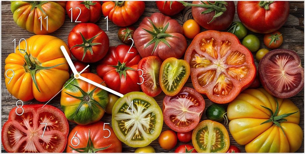 Wanduhr aus Glas mit Motiv Verschiedene Tomaten- 60 x 30 cm - inkl. Aufhängesystem