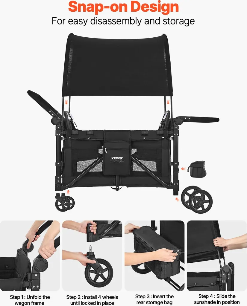 Grande poussette multiplace pliable pour 4 enfants avec canopy noir - 6