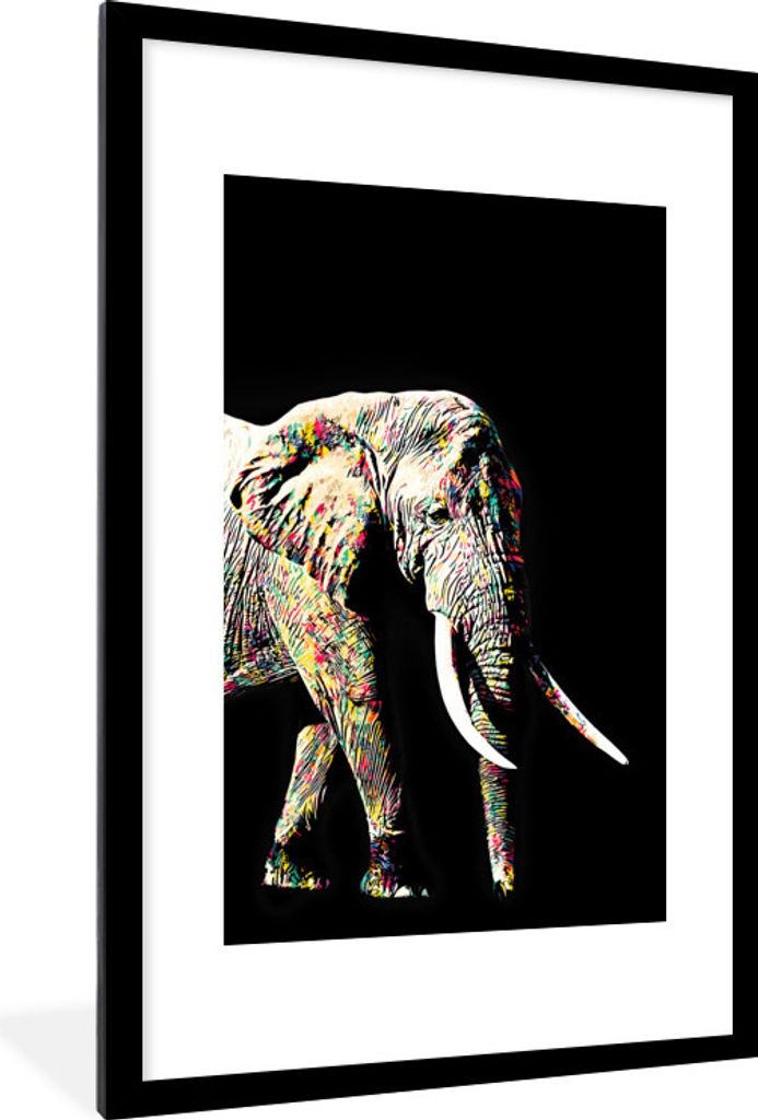 MuchoWow MuchoWow Gerahmtes Poster Elefant - Schwarz - Farben 60x90 cm - Poster mit zchwarzem Bilderrahmen - Dekoration - Wandposter Wohnzimmer...