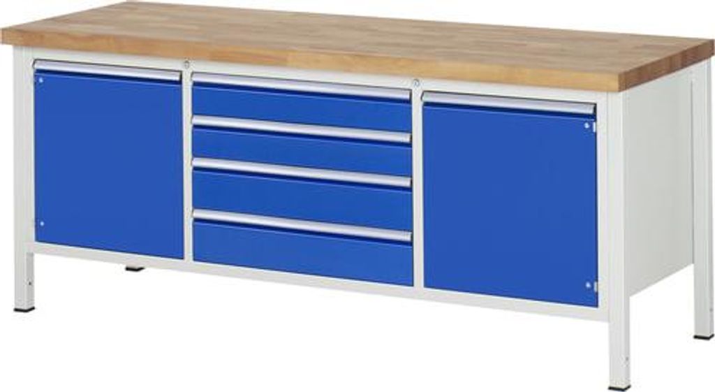 Werkbank mit 2 Schränken - 4 XL Schubladen - Teilauszug - 120:2 / 150:2 - Höhe 840-1.040 mm - 2.000 x 700 mm (BxT) - Traglast 1.250 kg - Buche