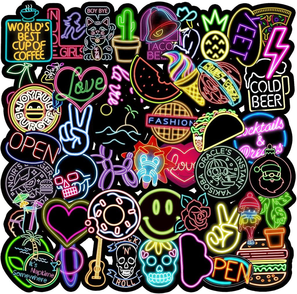 Neon Aufkleber, 50 Stš¹ck Sticker Set Wasserdicht Vinyl Stickers Graffiti Style Decals fš¹r Auto Motorr?der Fahrrad Skateboard Gep?ck Laptop Au...