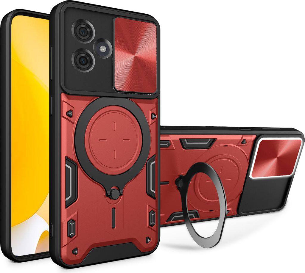 Handyhülle für Motorola Moto G54 Dual-Layer Stoßfest Rüstung Hülle mit Dia Kameraschutz und Kreisförmig Ring Ständer Rot