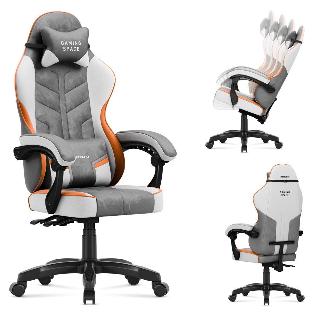 Gaming Stuhl Huzaro Force 2.7 Grey – ergonomischer Velours Drehstuhl mit verstellbarer Rückenlehne, Lendenkissen und Kopfstütze, bis 140 kg