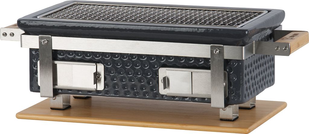 BBQ-Toro Keramik Holzkohletischgrill mit Holzunterlage | Grau | Outdoor Hibachi Grill für Camping