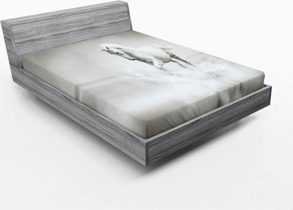 ABAKUHAUS Pferde Spannbetttuch, Wildes Pferd, Das Durch Wasser Drastisches Symbol Für Motivation Lebens Läuft Kunst, 140 x 200 cm, Schwarz und weiß