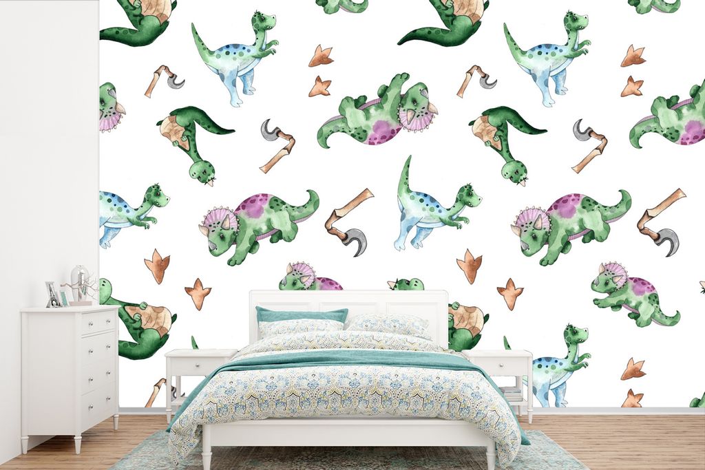MuchoWow Fototapete für Wohnzimmer oder Schlafzimmer Wandtapete Vinyl Motivtapete Dinosaurier - Muster - Tapete Kinderzimmer - Jungen - Mädche...