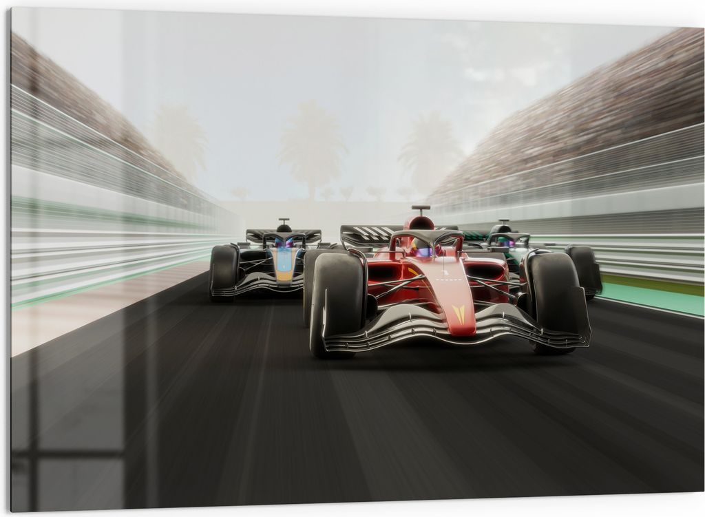 DEQORI Küchenrückwand Glas 60x40 cm 'Rasantes Duell' Spritzschutz Bad Rückwand Küche