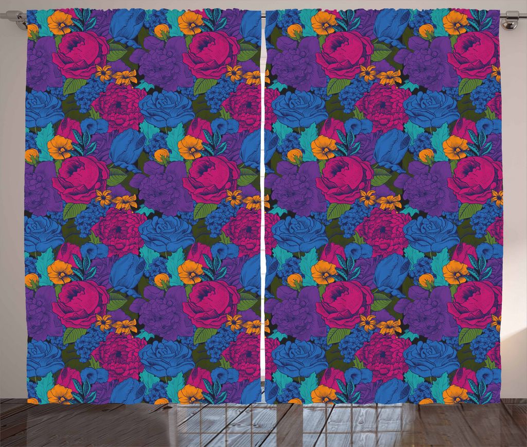 ABAKUHAUS Blumen Rustikaler Vorhang, Vintage Bouquet Kunst, Wohnzimmer Universalband Gardinen mit Schlaufen und Haken, 280 x 175 cm, Mehrfarbig
