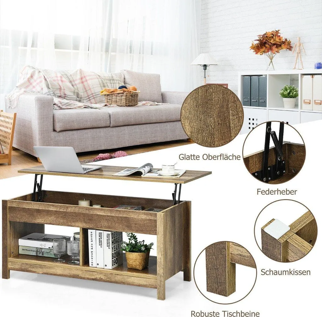 Table Basse Plateau Relevable en Chêne avec Compartiments et Étagères