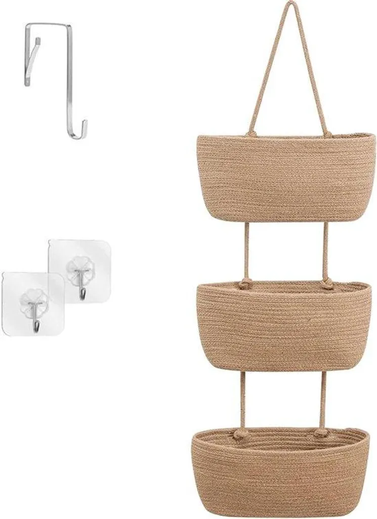 Rangement mural en tissu avec 3 poches coloris marron clair polyvalent