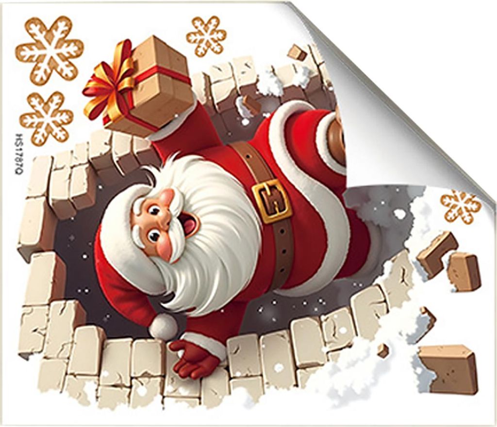 Weihnachtsmann-Wandaufkleber: Weihnachtsmann bricht Backsteinmauer ein – Lustiger 3D-Illusions-Aufkleber für die Weihnachtsdekoration zu Hause, ...
