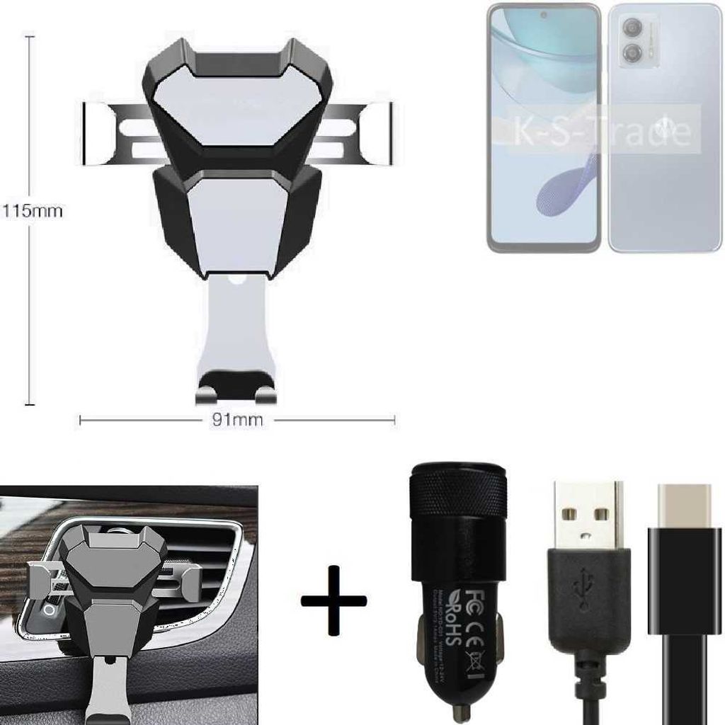 K-S-Trade Lüftungsschlitz Halterung kompatibel mit Motorola Moto G53y 5G Lüftungshalterung Lüftungsgitter schwarz-silber Auto-Halterung Smartphone
