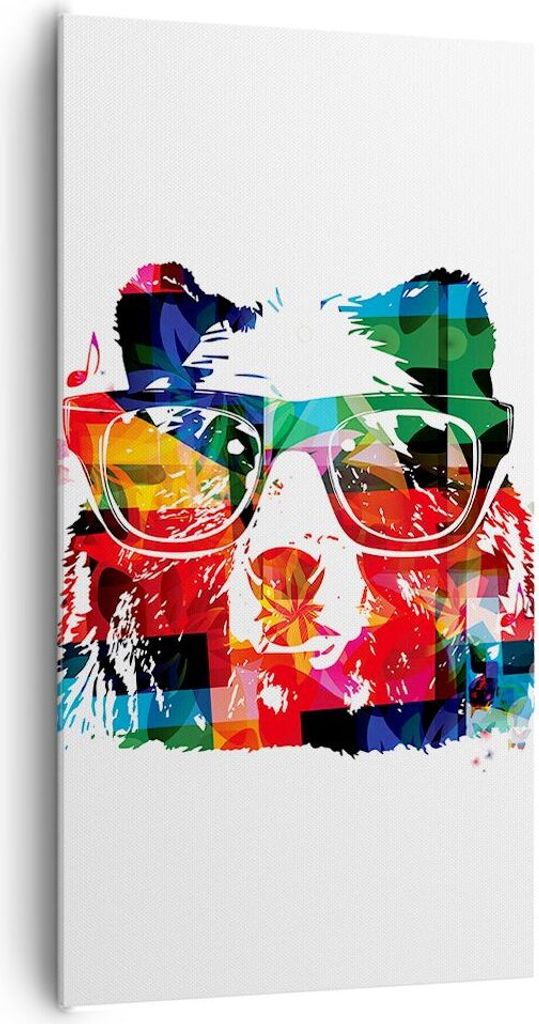 Bild auf Leinwand - Leinwandbild - Bär Gläser Grizzly hipster - 65x120cm - Wand Bild - Wanddeko - Leinwanddruck - Bilder - Kunstdruck - Wanddekor...