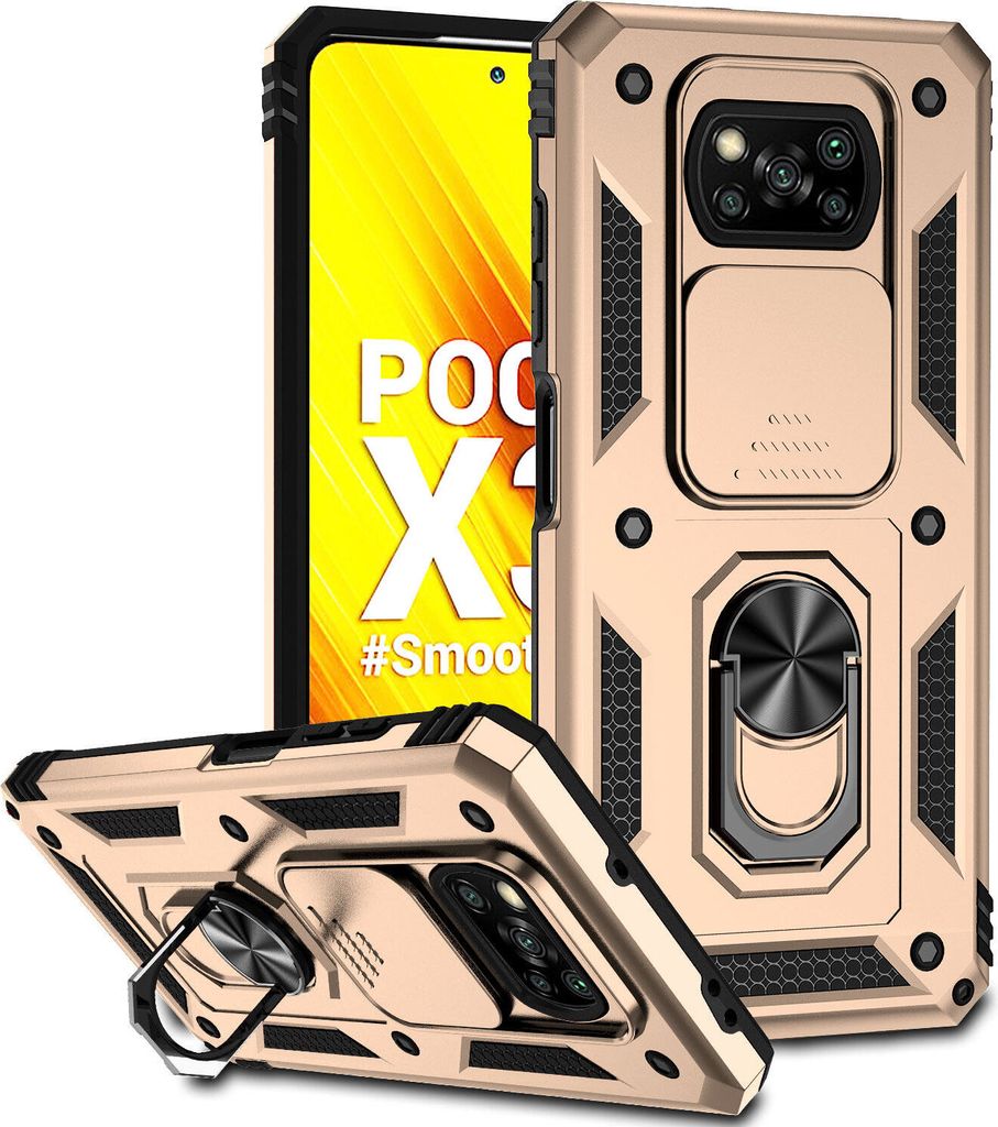 Xiaomi Poco X3 Hülle mit Schiebe Kamera Schutz und Ringhalter Ständer Robust Rüstung Schutzhülle für Xiaomi Poco X3 NFC / X3 Pro Gold