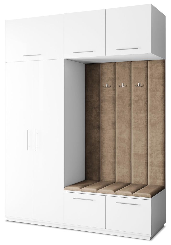 Masseno Garderobe-Set REMA 180/240/60 cm Modern Garderobenschrank Weiß, Veloursstoff MONOLITH 09 (Beige)