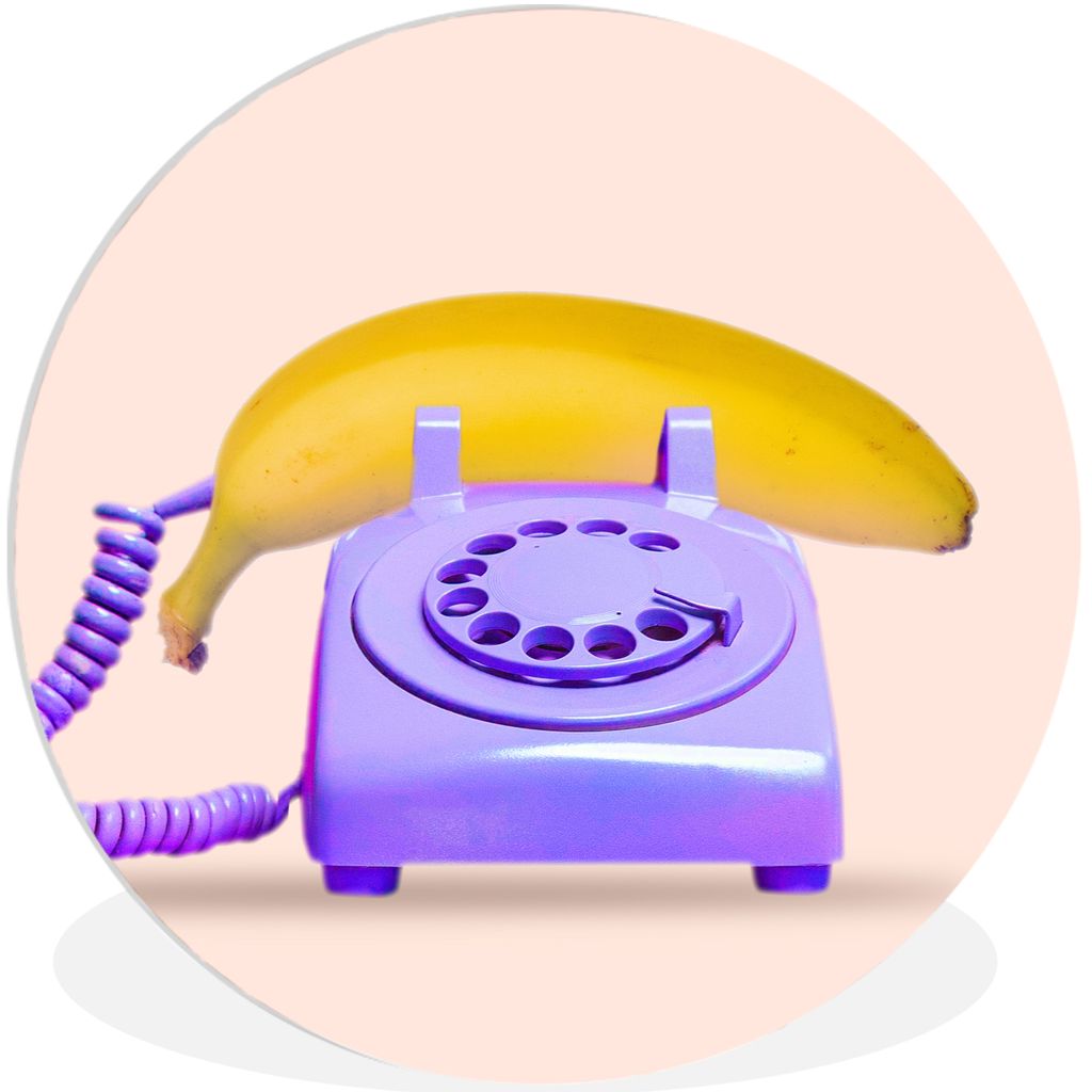MuchoWow Rundes Wandbild - Runde Bilder Banane - Telefon - Lila - Gelb Ø 30 cm Kreis Wanddekoration Kunststoff - Wandkreis - Wandschmuck - Schla...