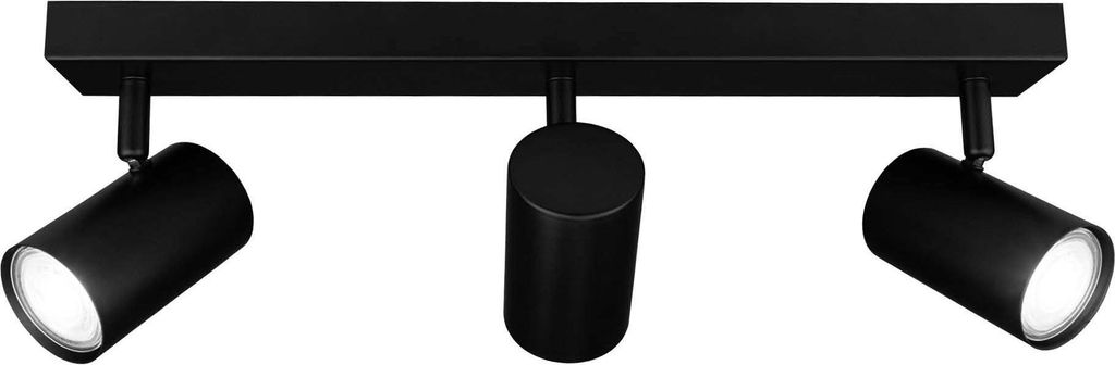 A black LED track light with three adjustable spotlights, shown against a white background.