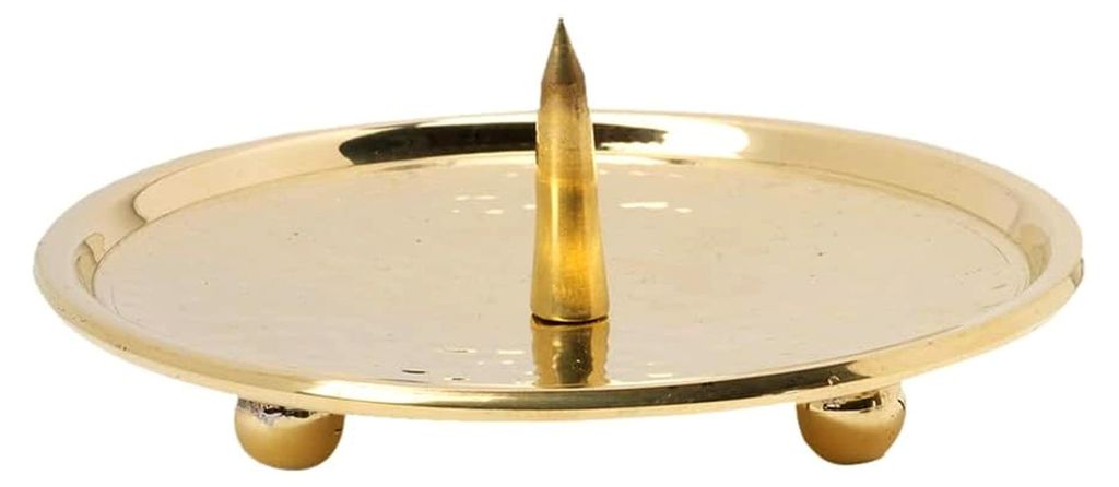 Kerzenteller Ø10cm mit Dorn, Rand und Füßen aus Messing in Gold für Stumpenkerzen