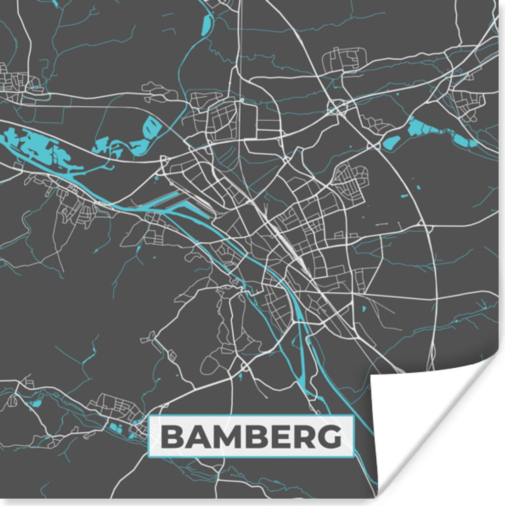 MuchoWow Poster Stadtplan - Deutschland - Blau - Bamberg - Karte 100x100 cm - Babyzimmer